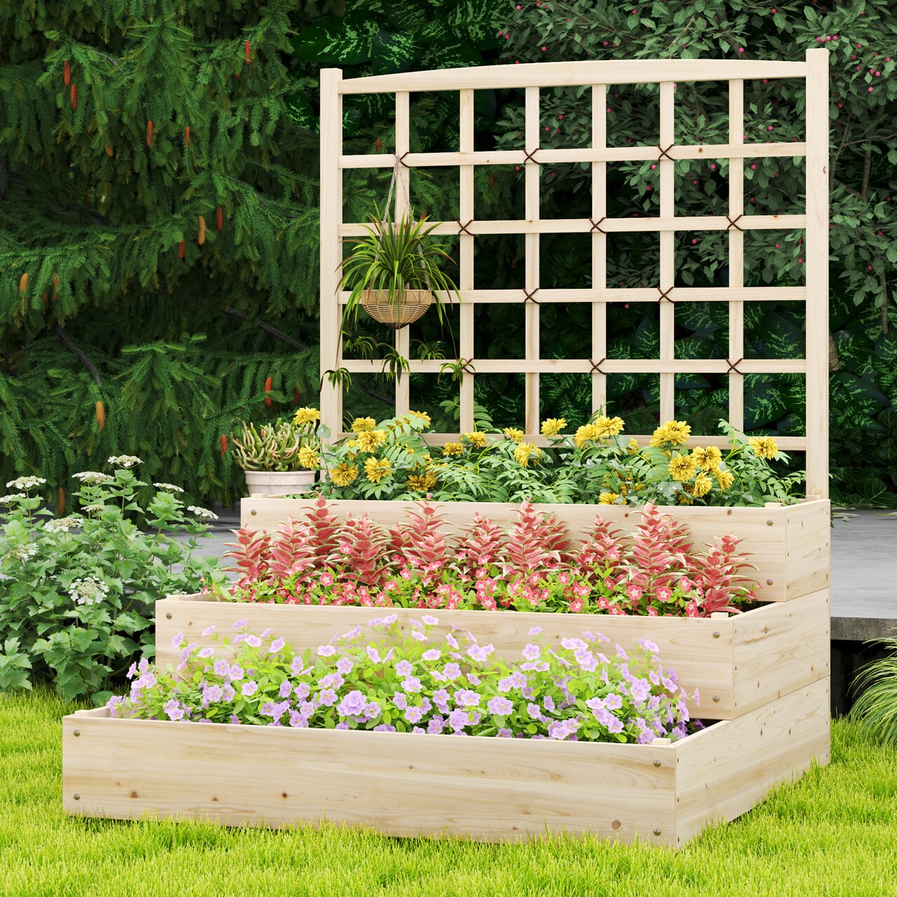 Natural Fir Wood Raised Garden Bed with 3-Tier Planter Boxes and Lattice Trellis for Climbing Plants